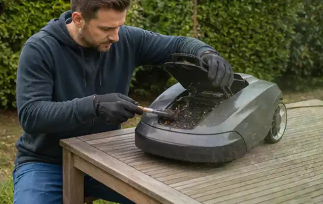Person wartet einen geöffneten Mähroboter auf einem stabilen Gartentisch; Thema Hochdruckreiniger, Schwerpunkt Kaufberatung; Ergebnis.