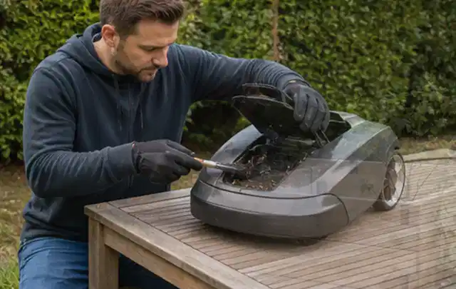 Person wartet einen geöffneten Mähroboter auf einem stabilen Gartentisch; Thema Hochdruckreiniger, Schwerpunkt Kosten; Praxisalltag.