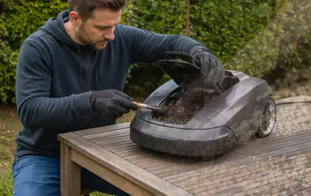 Person wartet einen geöffneten Mähroboter auf einem stabilen Gartentisch; Thema Hochdruckreiniger, Schwerpunkt Reinigung; Ausgangslage.