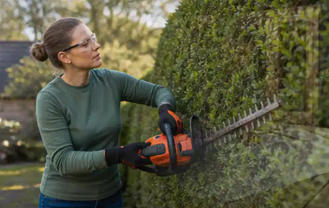 Person schneidet eine dichte Gartenhecke mit Schutzbrille und sicherem Stand; Thema Hochdruckreiniger, Schwerpunkt Reinigung; Ergebnis.