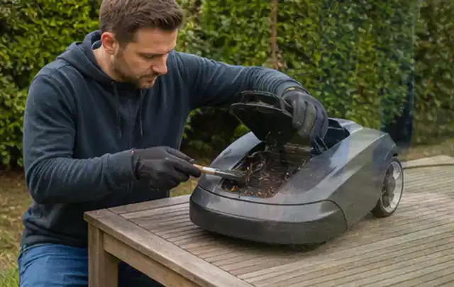 Person wartet einen geöffneten Mähroboter auf einem stabilen Gartentisch; Thema Hochdruckreiniger, Schwerpunkt Reparatur; Kontrolle.