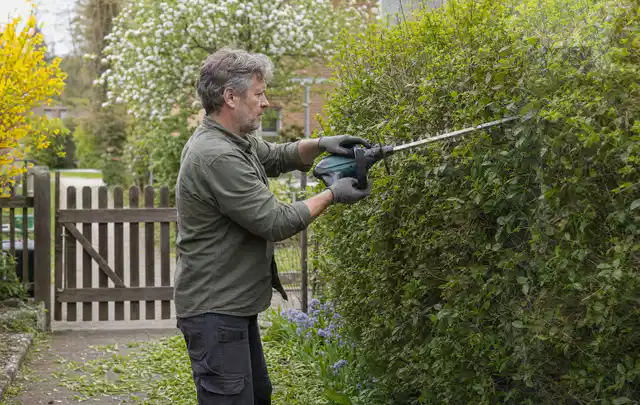 Person schneidet eine Gartenhecke mit einem motorisierten Gartengerät; Thema Hochdruckreiniger, Schwerpunkt Sicherheit; Ausgangslage.