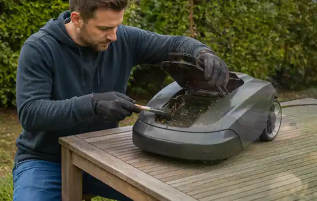 Person wartet einen geöffneten Mähroboter auf einem stabilen Gartentisch; Thema Hochdruckreiniger, Schwerpunkt Winterlager; Ergebnis.
