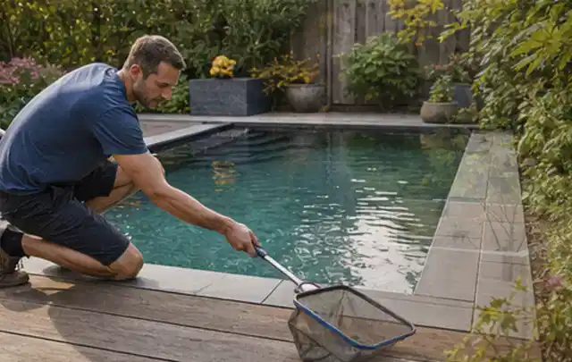 Person entfernt Blätter mit einem Kescher aus einem kleinen Gartenpool; Thema Hollywoodschaukeln, Schwerpunkt Anwendung; Umsetzung.