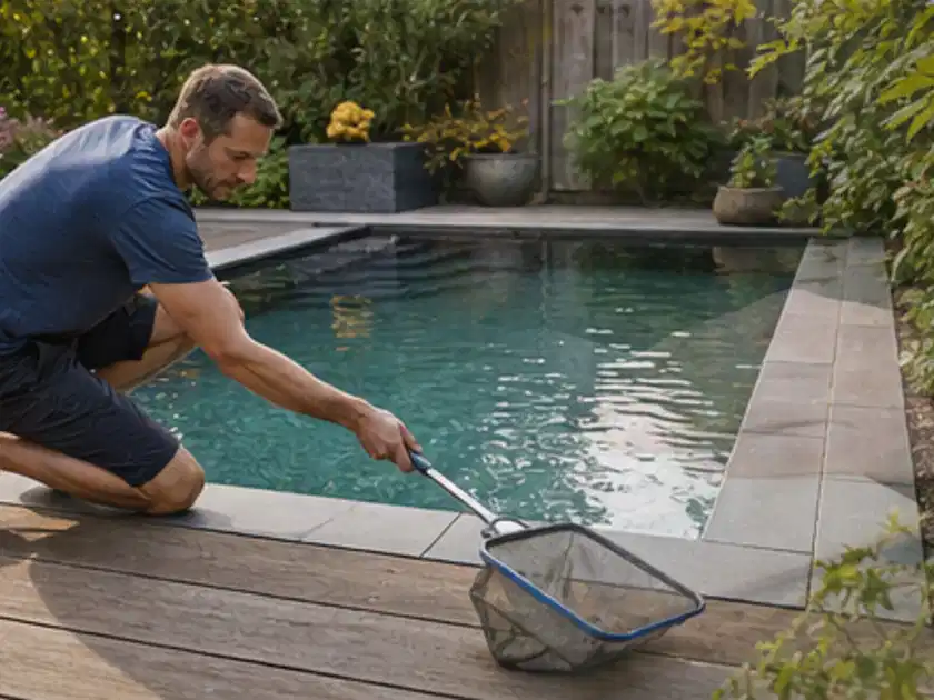 Person entfernt Blätter mit einem Kescher aus einem kleinen Gartenpool; Thema Hollywoodschaukeln, Schwerpunkt Bestenliste; Titelbild.