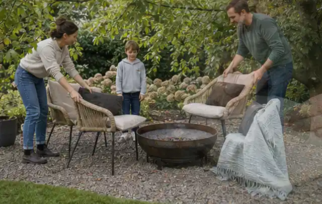 Familie stellt wetterfeste Sessel an einem geschützten Sitzplatz im Garten auf; Thema Hollywoodschaukeln, Schwerpunkt Bestenliste; Ausgangslage.
