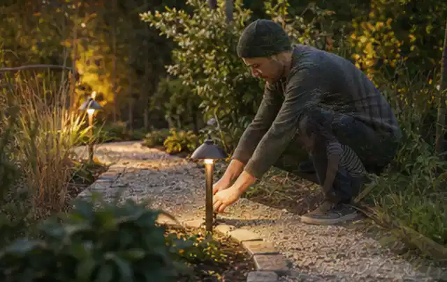 Person richtet eine niedrige warm leuchtende Gartenlampe am Kiesweg aus; Thema Hollywoodschaukeln, Schwerpunkt Bestenliste; Umsetzung.
