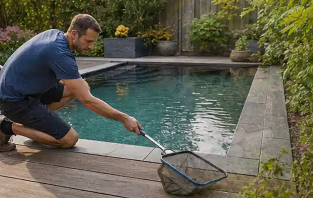 Person entfernt Blätter mit einem Kescher aus einem kleinen Gartenpool; Thema Hollywoodschaukeln, Schwerpunkt Checkliste; Kontrolle.