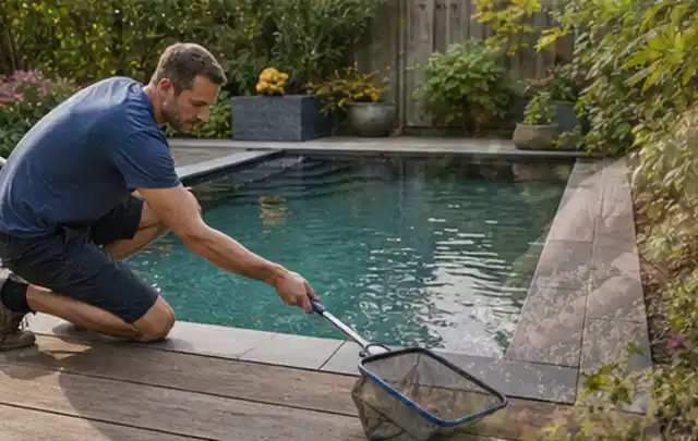 Person entfernt Blätter mit einem Kescher aus einem kleinen Gartenpool; Thema Hollywoodschaukeln, Schwerpunkt Dimensionierung; Ausgangslage.