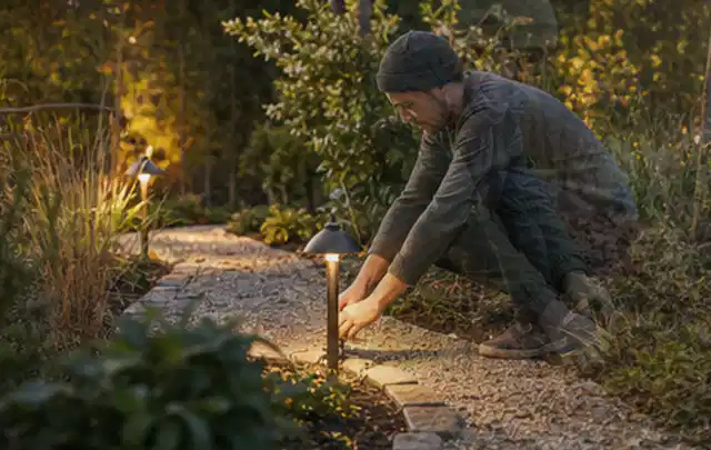Person richtet eine niedrige warm leuchtende Gartenlampe am Kiesweg aus; Thema Hollywoodschaukeln, Schwerpunkt Dimensionierung; Praxisalltag.