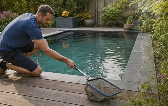 Person entfernt Blätter mit einem Kescher aus einem kleinen Gartenpool; Thema Hollywoodschaukeln, Schwerpunkt Ersatzteile; Kontrolle.