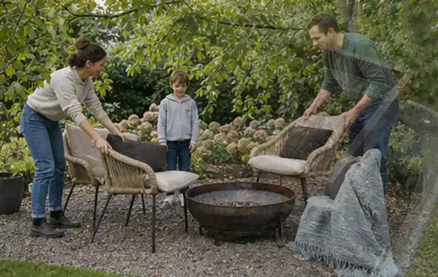 Familie stellt wetterfeste Sessel an einem geschützten Sitzplatz im Garten auf; Thema Hollywoodschaukeln, Schwerpunkt Ersatzteile; Praxisalltag.