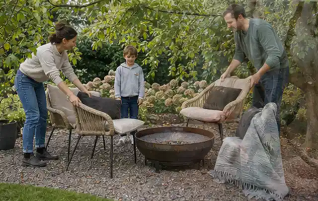 Familie stellt wetterfeste Sessel an einem geschützten Sitzplatz im Garten auf; Thema Hollywoodschaukeln, Schwerpunkt Fehlerhilfe; Umsetzung.