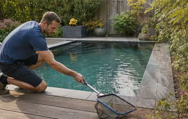 Person entfernt Blätter mit einem Kescher aus einem kleinen Gartenpool; Thema Hollywoodschaukeln, Schwerpunkt Fehlerhilfe; Ergebnis.