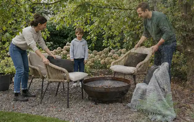 Familie stellt wetterfeste Sessel an einem geschützten Sitzplatz im Garten auf; Thema Hollywoodschaukeln, Schwerpunkt Gärten mit kleiner Fläche;…