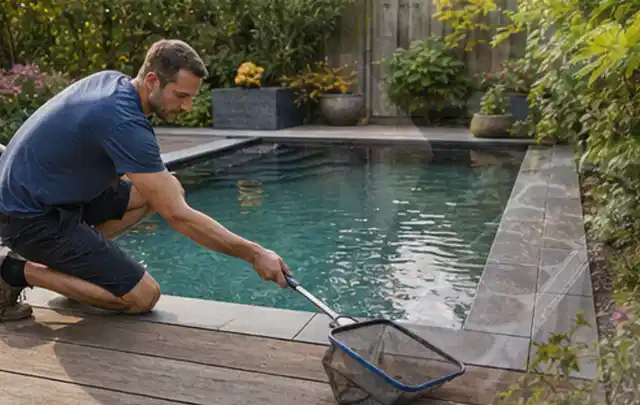 Person entfernt Blätter mit einem Kescher aus einem kleinen Gartenpool; Thema Hollywoodschaukeln, Schwerpunkt Gärten mit kleiner Fläche; Umsetzung.