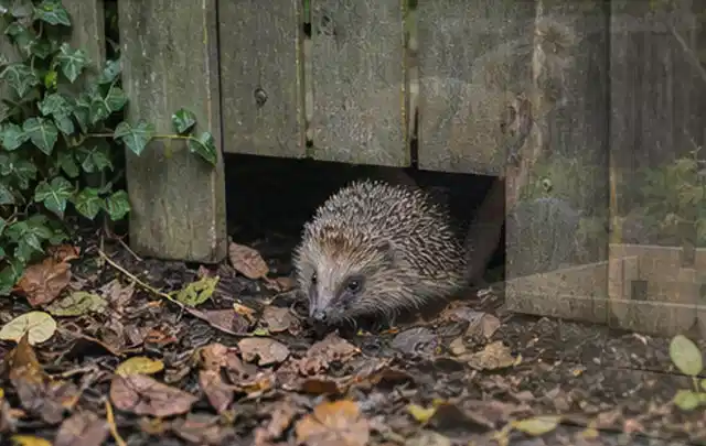 Igel nutzt einen bodennahen Durchgang unter einem hölzernen Gartenzaun; Thema Hollywoodschaukeln, Schwerpunkt Gärten mit kleiner Fläche; Kontrolle.