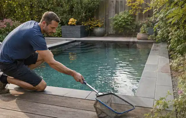 Person entfernt Blätter mit einem Kescher aus einem kleinen Gartenpool; Thema Hollywoodschaukeln, Schwerpunkt Kaufberatung; Ergebnis.