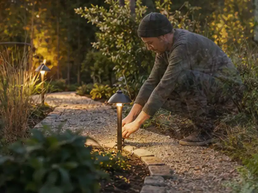 Person richtet eine niedrige warm leuchtende Gartenlampe am Kiesweg aus; Thema Hollywoodschaukeln, Schwerpunkt Kosten; Titelbild.