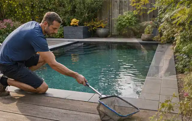 Person entfernt Blätter mit einem Kescher aus einem kleinen Gartenpool; Thema Hollywoodschaukeln, Schwerpunkt Kosten; Umsetzung.