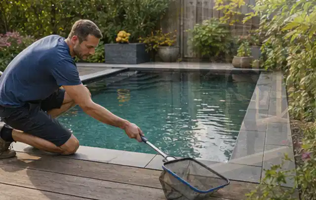 Person entfernt Blätter mit einem Kescher aus einem kleinen Gartenpool; Thema Hollywoodschaukeln, Schwerpunkt Nachhaltigkeit; Ergebnis.