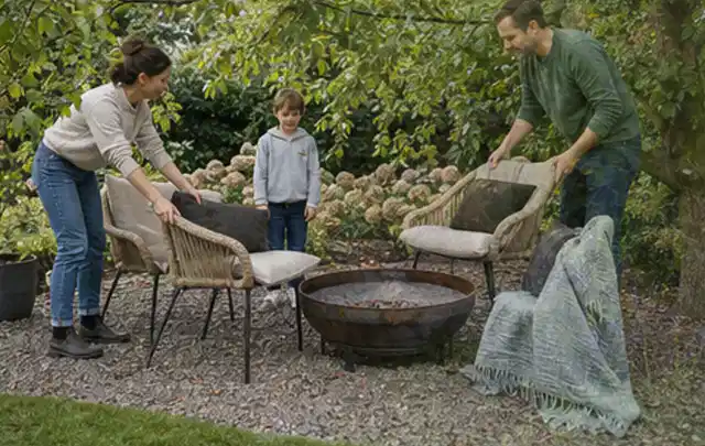 Familie stellt wetterfeste Sessel an einem geschützten Sitzplatz im Garten auf; Thema Hollywoodschaukeln, Schwerpunkt Nachhaltigkeit; Praxisalltag.