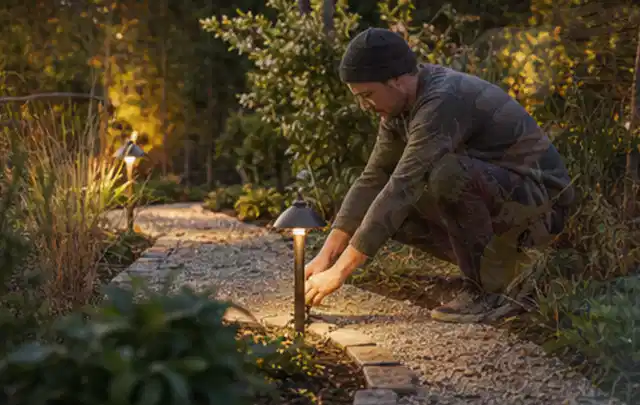 Person richtet eine niedrige warm leuchtende Gartenlampe am Kiesweg aus; Thema Hollywoodschaukeln, Schwerpunkt Outdoor Freizeit; Umsetzung.