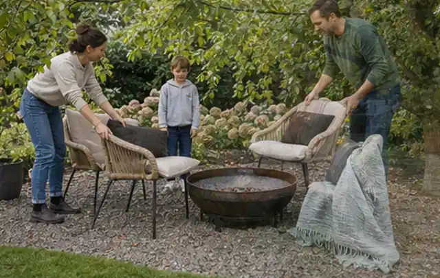 Familie stellt wetterfeste Sessel an einem geschützten Sitzplatz im Garten auf; Thema Hollywoodschaukeln, Schwerpunkt Reinigung; Kontrolle.