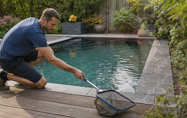 Person entfernt Blätter mit einem Kescher aus einem kleinen Gartenpool; Thema Hollywoodschaukeln, Schwerpunkt Reparatur; Ergebnis.