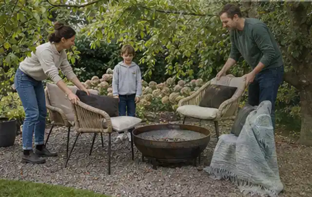 Familie stellt wetterfeste Sessel an einem geschützten Sitzplatz im Garten auf; Thema Hollywoodschaukeln, Schwerpunkt Sicherheit; Umsetzung.