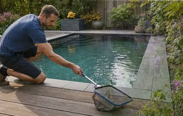 Person entfernt Blätter mit einem Kescher aus einem kleinen Gartenpool; Thema Hollywoodschaukeln, Schwerpunkt Sicherheit; Ergebnis.