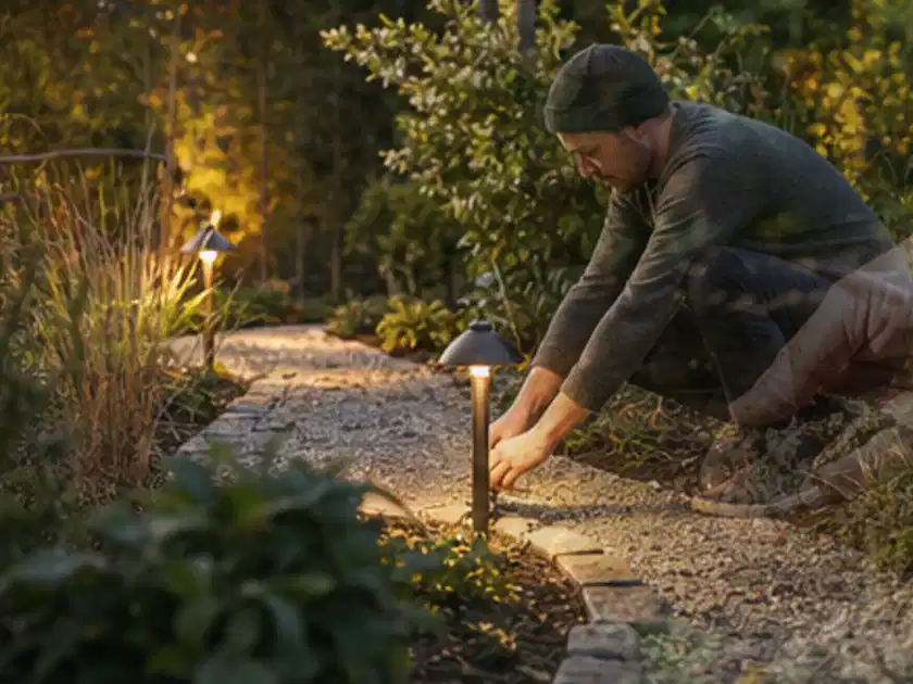 Person richtet eine niedrige warm leuchtende Gartenlampe am Kiesweg aus; Thema Hollywoodschaukeln, Schwerpunkt Systemvergleich; Titelbild.