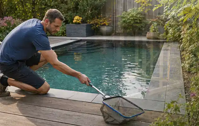 Person entfernt Blätter mit einem Kescher aus einem kleinen Gartenpool; Thema Hollywoodschaukeln, Schwerpunkt Systemvergleich; Praxisalltag.