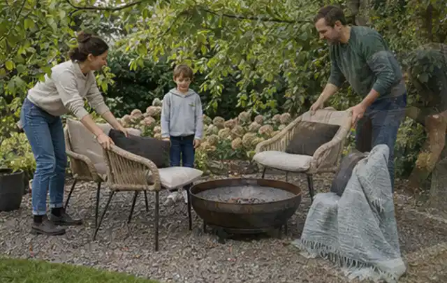Familie stellt wetterfeste Sessel an einem geschützten Sitzplatz im Garten auf; Thema Hollywoodschaukeln, Schwerpunkt Testkriterien; Praxisalltag.