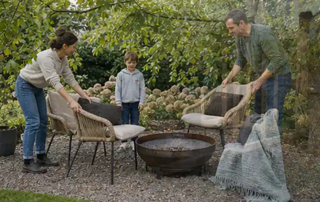 Familie stellt wetterfeste Sessel an einem geschützten Sitzplatz im Garten auf; Thema Hollywoodschaukeln, Schwerpunkt Vergleich; Ergebnis.
