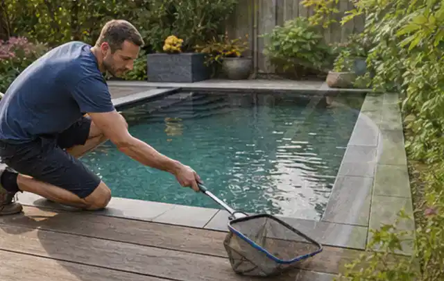 Person entfernt Blätter mit einem Kescher aus einem kleinen Gartenpool; Thema Hollywoodschaukeln, Schwerpunkt Winterlager; Umsetzung.