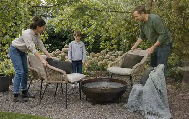 Familie stellt wetterfeste Sessel an einem geschützten Sitzplatz im Garten auf; Thema Hollywoodschaukeln, Schwerpunkt Winterlager; Ergebnis.