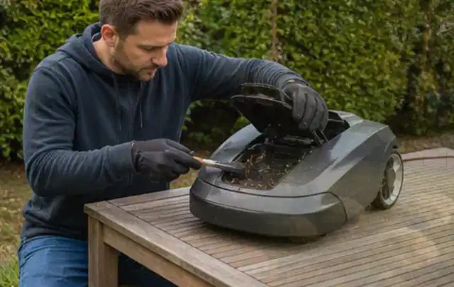 Person wartet einen geöffneten Mähroboter auf einem stabilen Gartentisch; Thema Holzhäcksler, Schwerpunkt Bestenliste; Ergebnis.