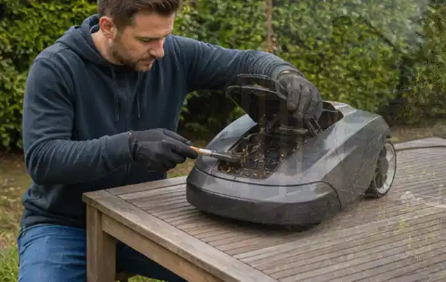 Person wartet einen geöffneten Mähroboter auf einem stabilen Gartentisch; Thema Holzhäcksler, Schwerpunkt Checkliste; Ausgangslage.
