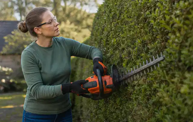Person schneidet eine dichte Gartenhecke mit Schutzbrille und sicherem Stand; Thema Holzhäcksler, Schwerpunkt Fehlerhilfe; Ausgangslage.