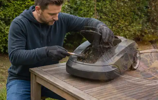Person wartet einen geöffneten Mähroboter auf einem stabilen Gartentisch; Thema Holzhäcksler, Schwerpunkt Gärten mit großer Fläche; Ausgangslage.
