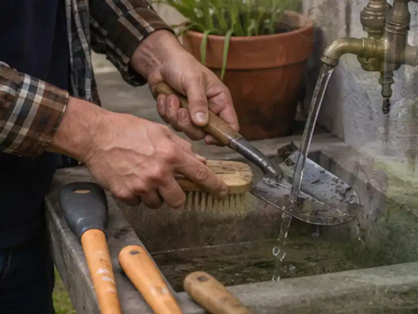 Hände reinigen gebrauchte Gartengeräte mit Bürste und Wasser am Außenbecken; Thema Holzhäcksler, Schwerpunkt Gärten mit kleiner Fläche; Titelbild.