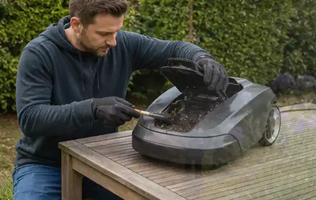 Person wartet einen geöffneten Mähroboter auf einem stabilen Gartentisch; Thema Holzhäcksler, Schwerpunkt Gärten mit kleiner Fläche; Praxisalltag.