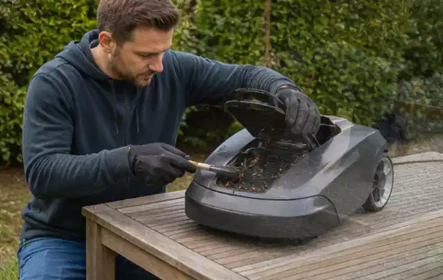 Person wartet einen geöffneten Mähroboter auf einem stabilen Gartentisch; Thema Holzhäcksler, Schwerpunkt Gartengeräte; Ausgangslage.