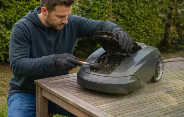 Person wartet einen geöffneten Mähroboter auf einem stabilen Gartentisch; Thema Holzhäcksler, Schwerpunkt Kaufberatung; Umsetzung.