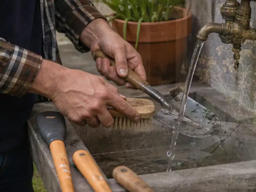 Hände reinigen gebrauchte Gartengeräte mit Bürste und Wasser am Außenbecken; Thema Holzhäcksler, Schwerpunkt Kosten; Titelbild.