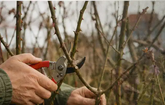 Hände schneiden einen älteren Rosenstrauch mit einer sauberen Gartenschere; Thema Holzhäcksler, Schwerpunkt Kosten; Kontrolle.