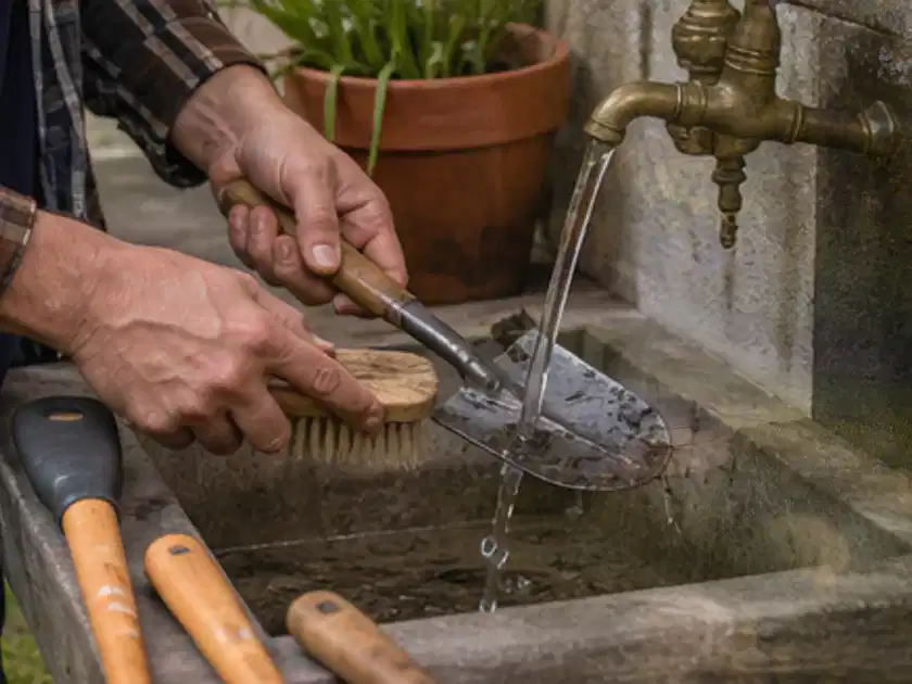 Hände reinigen gebrauchte Gartengeräte mit Bürste und Wasser am Außenbecken; Thema Holzhäcksler, Schwerpunkt Reparatur; Titelbild.