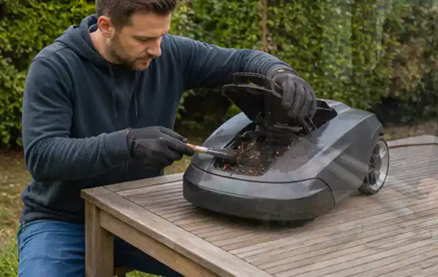Person wartet einen geöffneten Mähroboter auf einem stabilen Gartentisch; Thema Holzhäcksler, Schwerpunkt Reparatur; Praxisalltag.