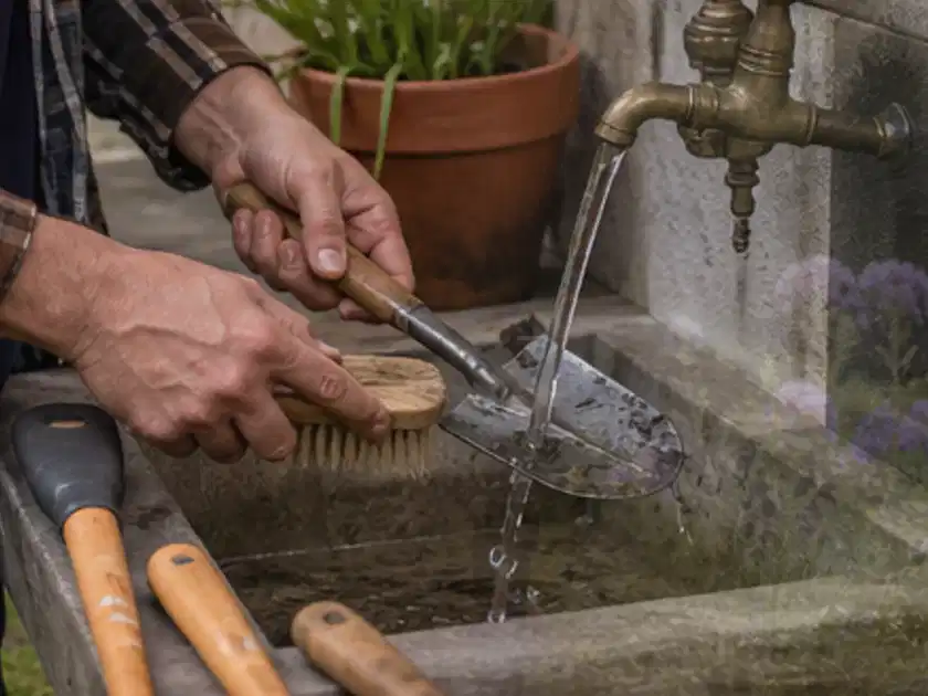 Hände reinigen gebrauchte Gartengeräte mit Bürste und Wasser am Außenbecken; Thema Holzhäcksler, Schwerpunkt Systemvergleich; Titelbild.